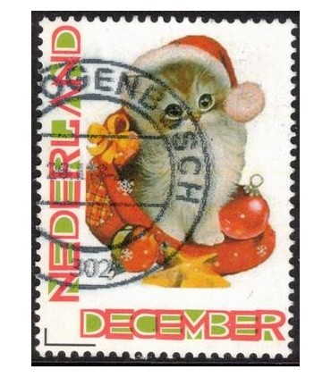 Kerstzegel poes in mandje (o)